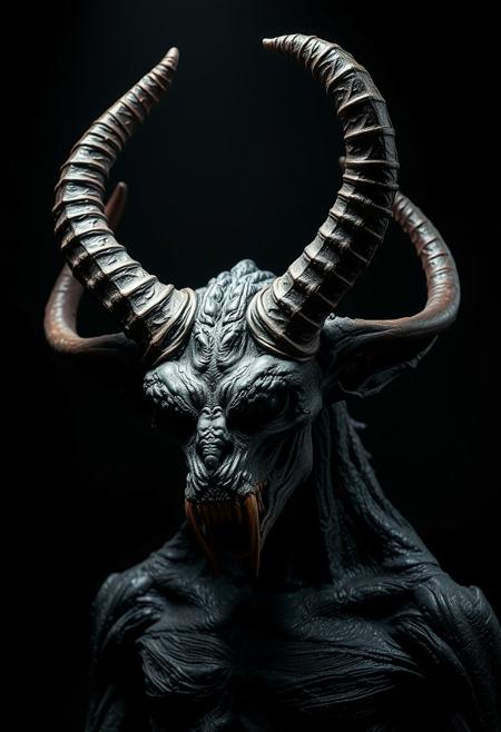 rare monstruous creature sculpture, horned, large horns, black rotten flesh texture material, chiaroscuro, high contrast, hard top lights, Jeff Simpson photography style