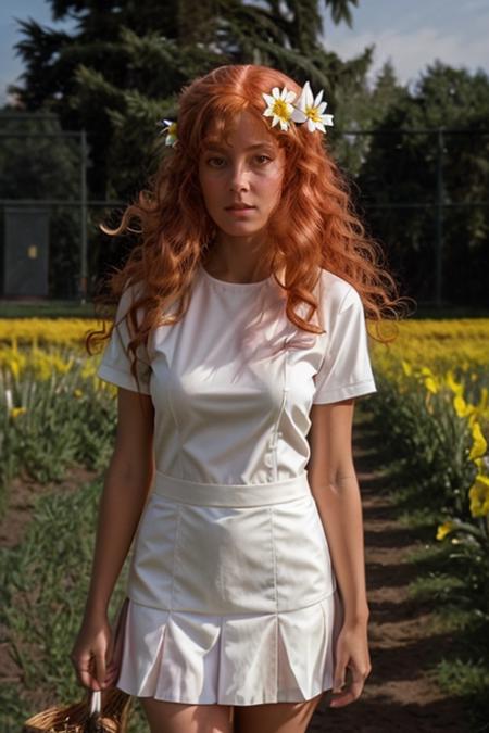 school girl costume ,  flower field , day  <lora:Susan_Sarandon:1> masterpiece, best quality, detailed face, solo, a woman, mature s1873s, red hair, long_hair, looking_at_viewer