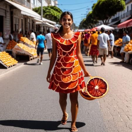 Brazilian girl, selling orange fruit in streets, wearing orange sliced shaped dress, <lora:blood_orange_world_morph_sdxl:1> , sunny day, people walking, vendor stand, blood orange style