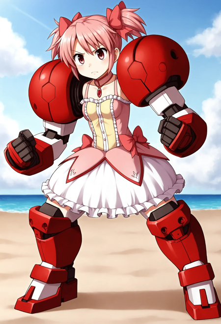 GAGE-titus, mecha musume, red shoulder armor, mechanical arms, mechanical legs, (faceless female:-1), energy, energy beam,