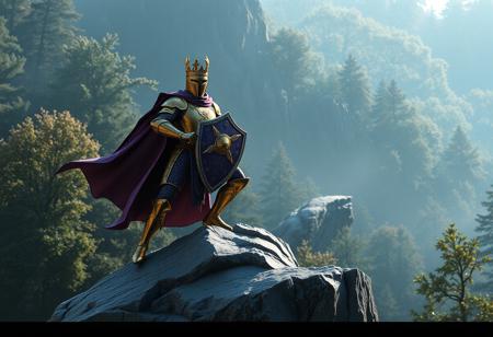 Majestic knight in dynamic stance on jagged gray rock. Regal purple and gold armor, detailed crown. Wielding sword and shield. Against a lush, contrasting forest backdrop. Highly intricate details, sharp focus. Dramatic, captivating lighting. Impeccable composition, creative angle, golden ratio. Matte painting | Splash ink illustration | Octane Render | Unreal Engine 5 | Hint of Raphael and Houdini styles. 4k, High resolution, Masterpiece, Trending on Artstation HQ, CGSociety.