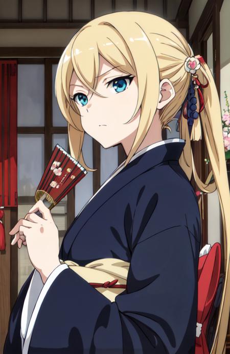 shindou_erina_mother, blue eyes, blonde hair, hair stick, twintails, very long hair, kimono, hair ornament, japanese clothes folding large fan,holding fan