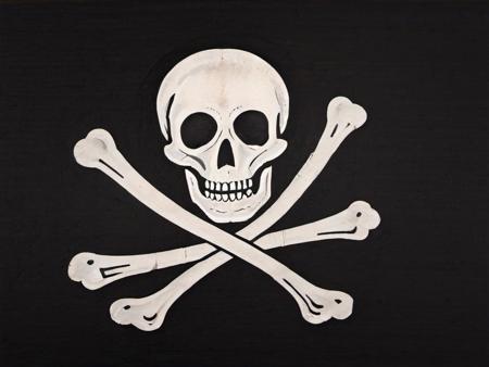 a skull and crossbones, a death's head over crossed bones, black field background, jolly roger