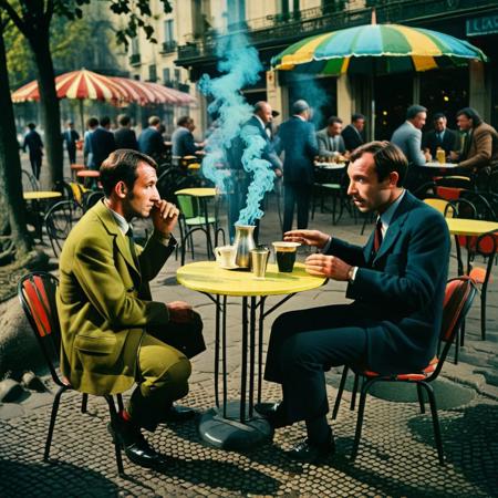 An award winning cibachrome photograph, of Two gentlemen at an outdoor cafe in Paris after the first LSD bombs dropped on the city, Leica M3, Kodachrome, 50mm lens, dramatic psychedelic cinematic lighting, cinematic still, 
badquality, low quality, UnrealisticDream