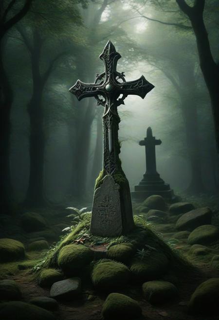 A detailed image of an enchanted medieval fantasy sword thrust into a large, clean boulder that serves as a gravestone. The sword is vertical, resembling a cross, with the blade driven in slightly more than halfway. The sword appears ancient, with a slightly glowing blade and intricate details on the hilt. The boulder is clean and solid, not covered in moss, and the grave is relatively new. The scene is somber and mystical, set in a quiet, slightly overgrown graveyard.