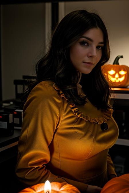pumpkin costume ,  laboratory , day  <lora:Monica1873Barbaro:1> masterpiece, best quality, detailed face, 1girl, solo, a woman, m1873b,