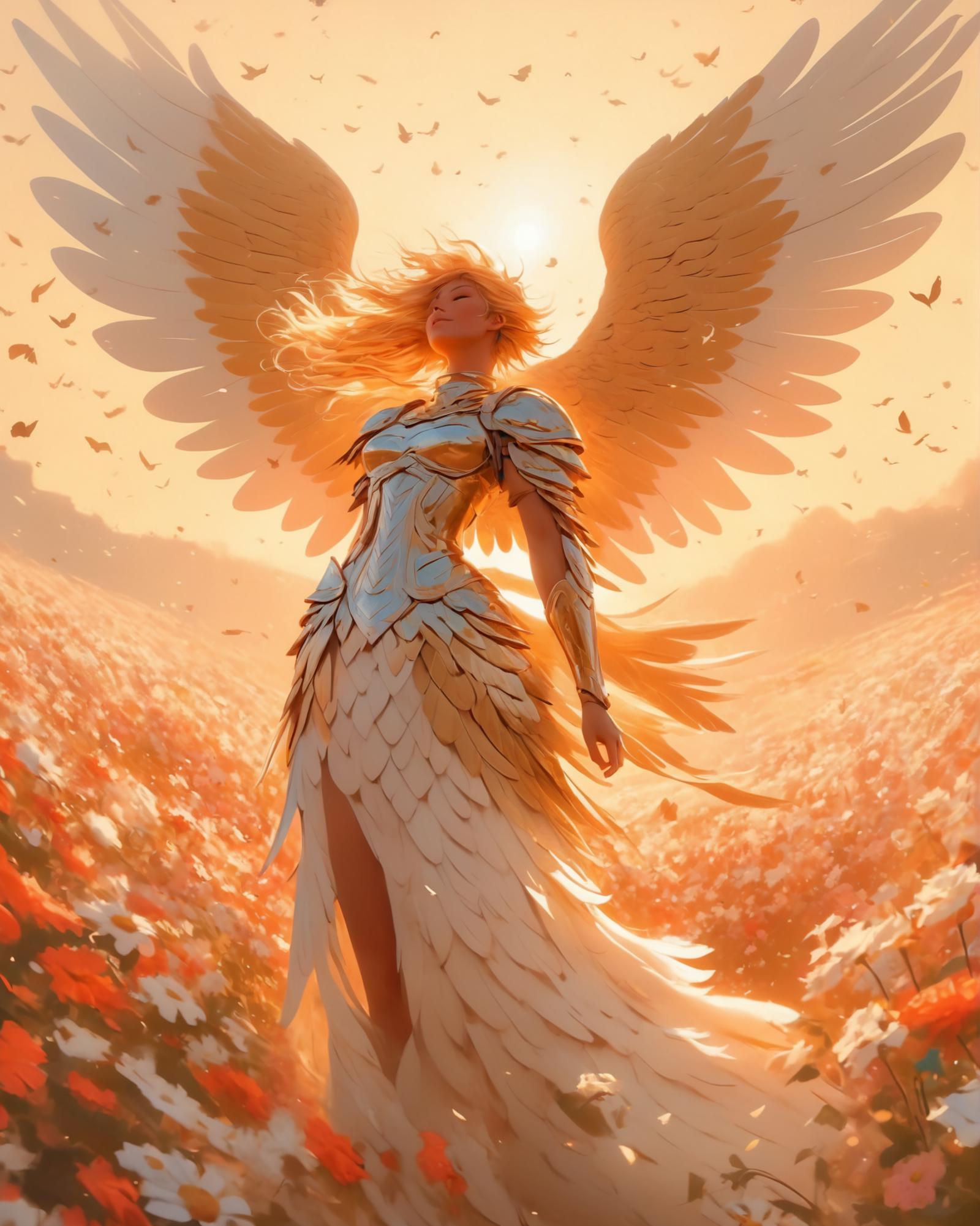 A beautiful angelic figure in a white dress with wings, standing in a field of flowers.