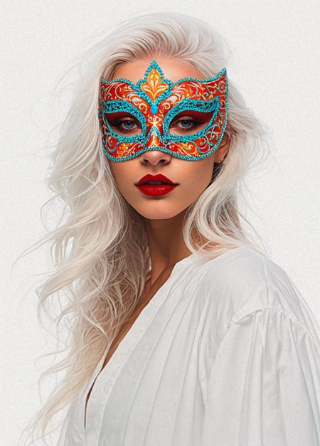 (simple cartoon sketch:1.55)
young woman, 23yo, full body shot, detailed face, highly detailed,
1girl, masterpiece, best quality, long hair, white hair, pale skin, cute face,
1girl, adult, alluring,
 beautiful woman with flawless porcelain skin emitting a soft luminescent glow, striking white hair flowing elegantly, mesmerizing light blue eyes with intricate swirling patterns reflecting a kaleidoscope of colors, half-face (masquerade mask:1.45), wearing a half-face  mask composed of vibrant multicolored glowing neon dots (deep red, electric blue, bright yellow, vivid green, rich purple, radiant orange) that shimmer and pulse with light, golden patterned borders framing the mask, mouth delicately stitched with glistening golden twine, adorned in a flowing white robe matching a bright white background, face partially obscured by ethereal smoke, subtle shadows and high-contrast lighting emphasizing her surreal, cyberpunk anime ne0nfant4sy aesthetic. <lora:Elegence_Niji:0.54> <lora:Purple_Grace_v2:0.75> <lora:mot_wwm:0.51>