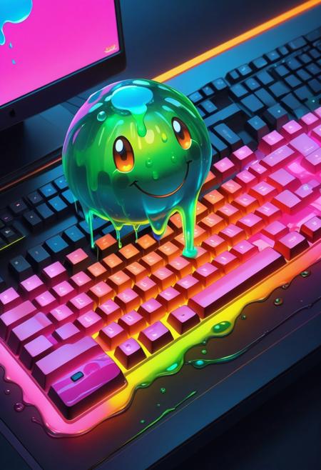 High quality, (masterpiece:1.0), dynamic angle, glowing, high detailed, fluorescent neon color, SF art, closeup keyboard key made of slime, eledant, white background,
