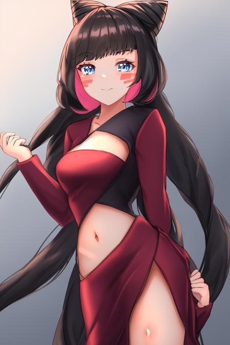 high quality, best quality, high detail, very detailed, official art, 1girl, vdiva-1, standing, solo, asymmetrical clothes, burgundy clothes, navel, midriff, blush stickers, black hair, very long hair, cone hair bun, dress, <lora:Azki-VDiva-1:1>, cowboy shot