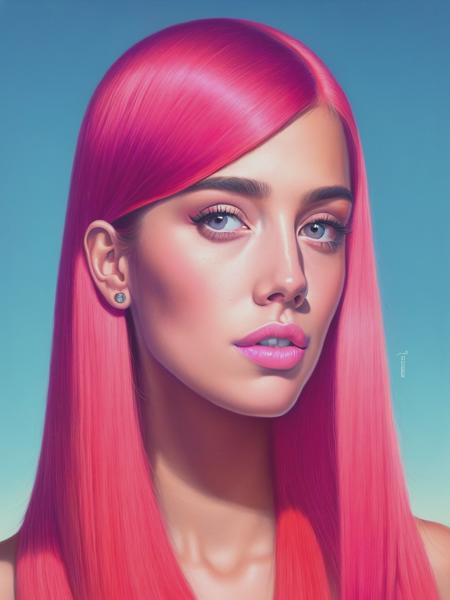 <lyco:AlexGross:1.0> alex gross painting of a woman with long neon pink hair, square jaw, three quarter angle