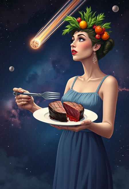 a woman whose hair is vegetables is eating steak with fork and knife in cosmic space, standing, looking away, shooting star, comet,  floating dish, absurdres,