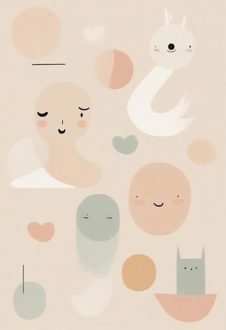 WhiteMold, 
Whimsical vintage characters with geometric purity, soft pastel colors. Soft expressive brushwork blends with clean modernist forms. Warm nostalgic and muted neutral color palettes, balanced composition, gentle and soothing, adorable and cute, charming features.