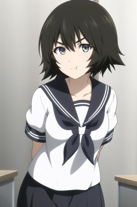 (masterpiece), high quality, (detailed background), 1girl, solo,
<lora:SteinsGateMayuri-v1-06:0.7>, ChopioMayuri, grey eyes, (looking at viewer:1.3),
black hair, short hair,
standing, (serafuku, sailor school uniform:1.3), school uniform, white shirt, red scarf, (navy blue pleated skirt), seductive pose, <lora:Serafuku:0.45>,
smile,
school, classroom, pout, puffed cheek, mad, angry, arms behind back, leaning forward,  <lora:Pout:0.5>