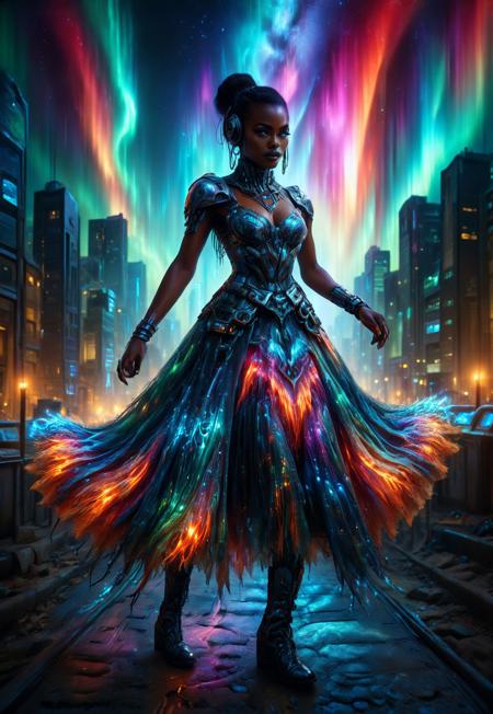 An epic photo of an African cyberpunk fashion model wearing a stylish dress, masterpiece, best quality, highly detailed, sharp focus, dynamic lighting, flux-style, morph-aurora, 