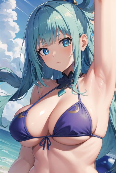 konosubaaqua, <lora:aquatest:1>, aqua, aqua eyes, aqua hair, hair bobbles, hair ornament, hair rings, long hair,
BREAK bikini,
BREAK looking at viewer,
BREAK outdoors, city,
BREAK <lora:GoodHands-vanilla:1>, (masterpiece:1.2), best quality, high resolution, unity 8k wallpaper, (illustration:0.8), (beautiful detailed eyes:1.6), extremely detailed face, perfect lighting, extremely detailed CG, (perfect hands, perfect anatomy),