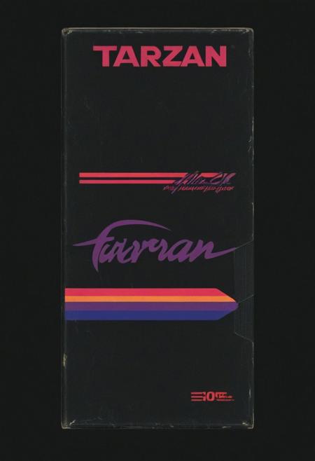vhs-box, text focus, english text, vhs casette, "TARZAN X" logo, purple stripe, sunset theme, text logo, vhs black case, E-180, retrowave, logo parody, VHS, HIGH QUALITY (text), handwriting, masking tape overlay, 1980s theme, outrun, vaporwave