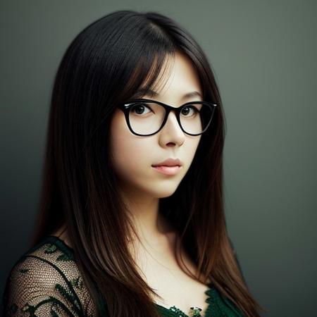1girl pale-skin long-black-hair dark-green-eyes beautiful sensual pretty-face red-dress glasses realistic-photo