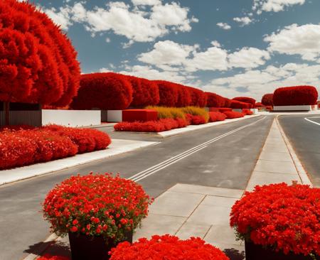 there are many red flowers in the planters on the sidewalk, a matte painting by Jacob Toorenvliet, featured on flickr, synchromism, infrared photography, clemens ascher, shades of aerochrome,  <lora:Redia_yiu_v10:0.6>