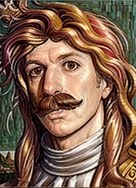 (sandro botticelli painting:1.2) of zladkovladcik with mustache wearing, renaissance italian scenery in the background, super sharp, intricate detail, high resolution, high quality, detailed face,  <lora:hjzladkovladcik_v10:0.8>