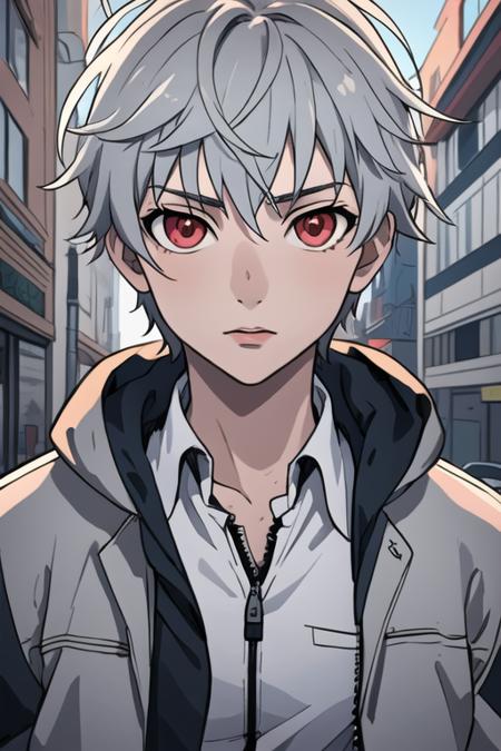 aru_akise grey hair red eyes