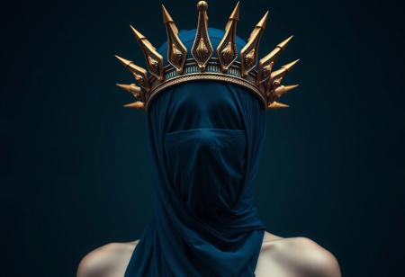 lady in midnight blue veils her face and has a large bronze  spiked crown, in the style of celestial fashion, otherworldly beauty, davide sorrenti, celestial punk, album covers, fra angelico, aykut aydogdu, queen core, golden age aesthetics