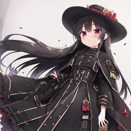 best_quality,masterpiece,1_girl, <lora:cura:0.8>, cowboy shot,hat, beautiful detailed black gothic Empire Waist Dress, coat, black gauze skirt, black hair, long hair