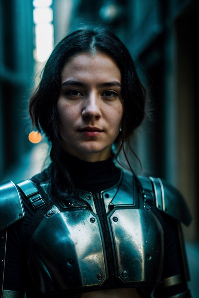 cyberpunk, portrait photo of 20 y.o woman in cyberpunk armor, face, intricate details