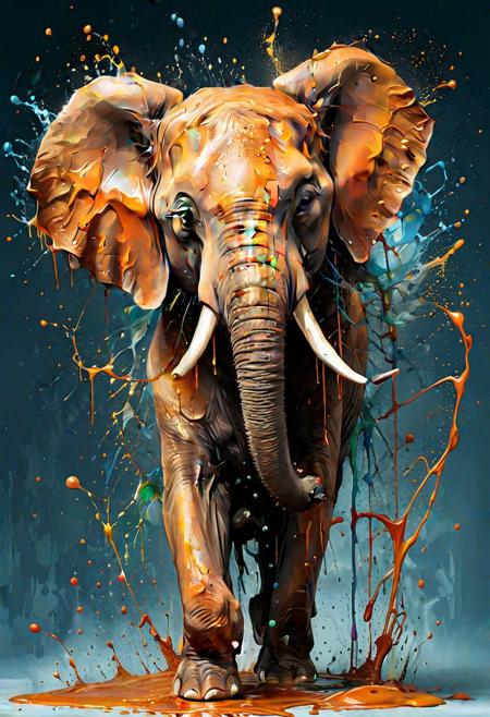 a elephant with a big splash of paint all around  it's face,  Background with more painting splash in an intricate spill that leaves the canvas on a 3D s, masterful digital art, spilling juice, caramel, splash image, adi granov, bioart, strong and ferocious, art photograph, smooth drawing, dew, digital screenshot, artistic rendering.