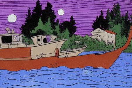 CavazzanoComics fishing boat, late at (night:1.4), purple sky <lora:CavazzanoStyle2:0.6>