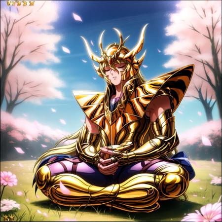 masterpiece, best quality, highres, solo, (close_eyes:1.5), detailed background,fingerless gloves ,<lora:more_details:0.5>, pauldrons ,golden armor, <lora:virgo:0.9> ,cherry blossoms, outdoors,sitting, field,(gold armor:1.5),shoulder armor,(ultra detailed:1.0),(RAW photo:1.0), HDR, photography, Kodak Portra 400, film grain, blurry background, vibrant color,focused face, detailed face,symmetric eyes, visible lips,crossed legs,slap_hands,no_helmet,detailed_legs