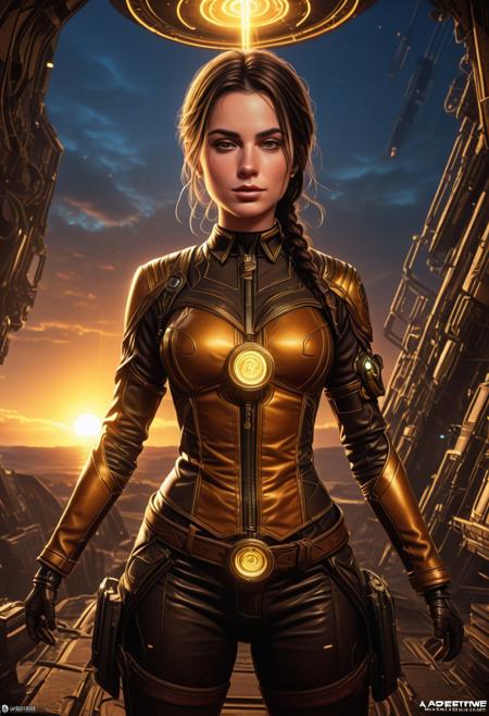 Albrecht Labs - Warframe , Albrecht_Labs_Pony, 18dart3, ASCII high detail,<3, !!, motion lines, 34 years old, rating_safe, perfect face, very close-up, 1girl, Hands on hips Pose, outdoors,  sunset, , light beams coming in, ((Above Angle)), Nayuta, ringed eyes, red eyes, hair over one eye, single braid, black hair, half closed eyes, yellow eyes,  (Heavy breathing expression), frown, freckles on face, (very red blush), suit, spreadassms, (full body), ((Light Brown Work Boots)), wide hips, bottom heavy, solo, thick eyebrows,  d-art, grin score_9, score_8_up, score_7_up, score_6_up, source_cartoon,