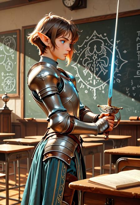 score_9_up, score_8_up, score_7_up, score_6_up. masterpiece, best quality, good quality, very aesthetic, absurdres, semirealism, RapierXL, fantasy, 8K, depth of field, focused subject, Elf knight:1.3, 19yo male, androgynous, pointed ears, short brown hair, male haircut, blue eyes, wearing detailed armor, knight's armor, standing, holding sword, rapier, weapon, blue glowing sword,  indoors, chalkboard, classroom, podium, school desks,