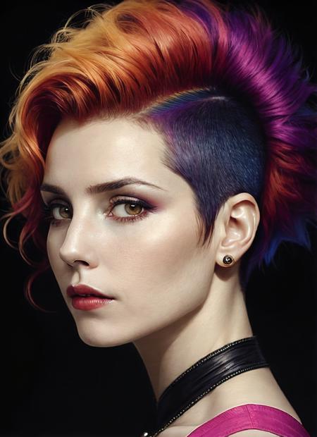 portrait of sks woman by Flora Borsi, style by Flora Borsi, bold, bright colours, rainbow Mohawk haircut, ((Flora Borsi)), <lora:locon_noomirapace_v1_from_v1_64_32:1>