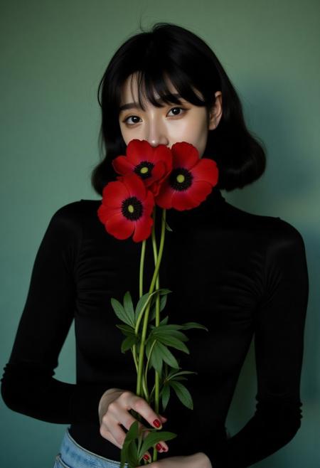 (Soft Lighting Photography by Mimoza Veliu and Mario Giacomelli:1.2), NSFW, A sexy charming young woman, with short jeans, black bob and blunt bangs, smooth hair, luminous eyes, black turtleneck, three vivid red anemone flowers covering mouth and neck, holding, holding flowers, interior, simple background, plain wall in the backdrop, plain sageâgreen wall, moody cinematic lighting, shallow depth of field, crisp details, 50â¯mm lens look