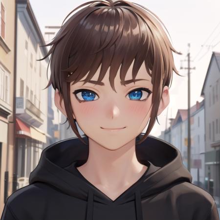 ((Masterpiece, Best Quality, 8k, best quality face, beautiful eyes)), ArnasAtakiyo, solo, smile, blue eyes, detailed background, brown hair, 1boy, solo focus, short hair, outside, blushing, looking at viewer, upper body, closed mouth, naughty face, black hoodie, <lora:Arnas_Atakiyo_NEW:0.45>