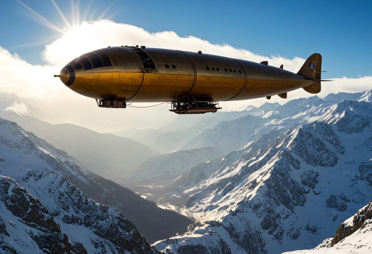 Photorealistic, A steampunk zeppelin in flight over high mountains under snow, winter, Sun rays, steampunk, brass and gears, Monty Python style , intricate design, vintage, mechanical, adventurous, detailed, imaginative, retro. best quality, sharp focus, high contrast, stylized, clear, colorful, ultra quality, 8k, best quality, masterpiece,midjourneyv6.1