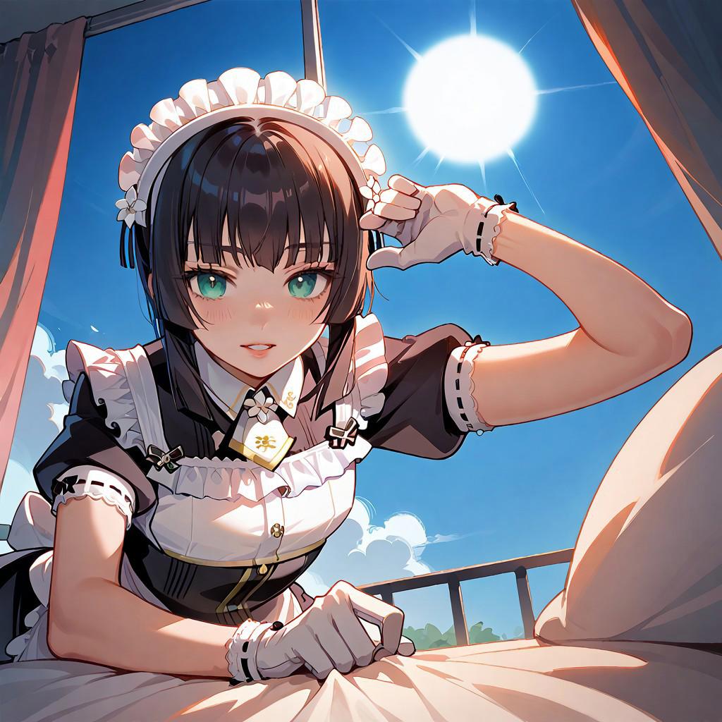 score_9, score_8_up, score_7_up, score_6_up, source_anime. zPDXL3, 1girl, solo, Mafuyu, Sofia maid outfit, Sofia maid headdress, Sofia maid gloves, looking at viewer, smile, parted lips, leaning forward, bed sheet, window, sunlight, sunny, blue sky, cloud, pov, from below, backlighting 