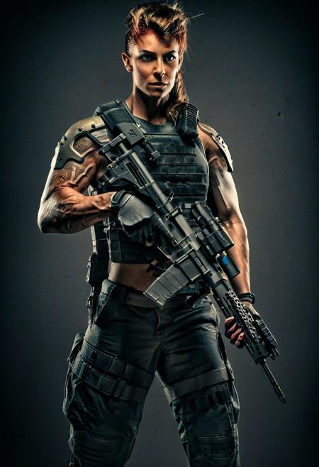 <lora:55D3434F21:1> Karlach in tactical combat gear Holding a assault rifle <lora:karlach_xl-000090:1>