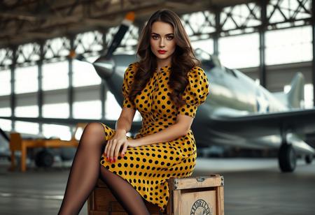 score_9, score_8_up, score_7_up,
RAW, masterpiece, full body, photorealistic, noir_style, 
1girl, beautiful young woman, 30 years old, brunette, long hair, wavy hair,sitting on a wooden crate in an old hangar,
1940's noir, elegant,
Wearing yellow and black polka-dot 1940s dress with padded shoulders, nylon stockings, low heels.
looking at viewer, 
high details, highly detailed, sharp focus, beautifully detailed woman, detailed eyes and face
wearing 1940s style dress with padded shoulders
detailed background, 1940s airport hangar, propeller airplane