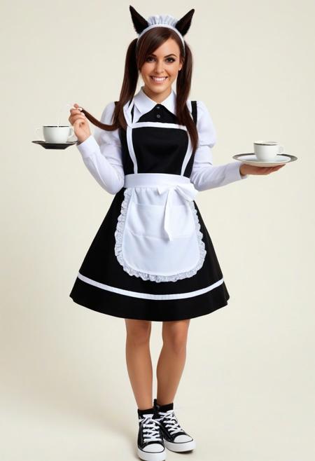 amonitto artist style, umamusume, smart_falcon_\(umamusume\), highres, 1girl, alternate_costume, animal_ears, apron, black_dress, blush, brown_eyes, brown_hair, collared_dress, cup, dress, enmaided, full_body, grin, high_tops, holding, holding_tray, horse_ears, horse_girl, horse_tail, long_sleeves, anime screencap,looking_at_viewer, maid, maid_apron, maid_headdress, petticoat, saucer, shoes, skirt_hold, smile, sneakers, solo, tail, tea_set, Atai,teacup, teapot, tray, twintails, white_shoes