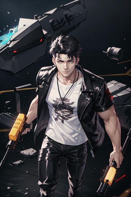 masterpiece, best quality, 1 male, adult, handsome, tall muscular guy, broad shoulders, finely detailed eyes and detailed face, extremely detailed CG unity 8k wallpaper, intricate details, intricate details, very short hair, undercut, grunge, serious expression, big arms, dark, old leather jacket, white t-shirt, medieval dark leg armor pants, neon motion stream, glowing lights, Grenade Launcher weapon, bright white energy streams of lights, rim lighting, sf, Apocalypse, from above, depth of field