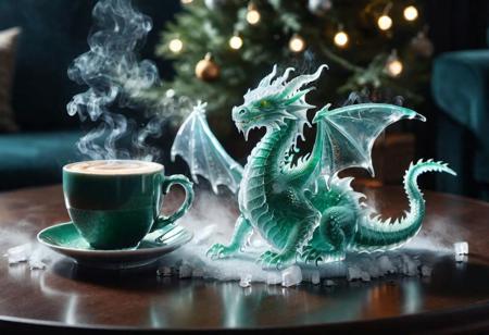 (a small green dragon, ice, smoke), siting next to a (coffee cup), Christmas tree, (living room), highly detailed clean, beautiful detailed intricate, 8K,