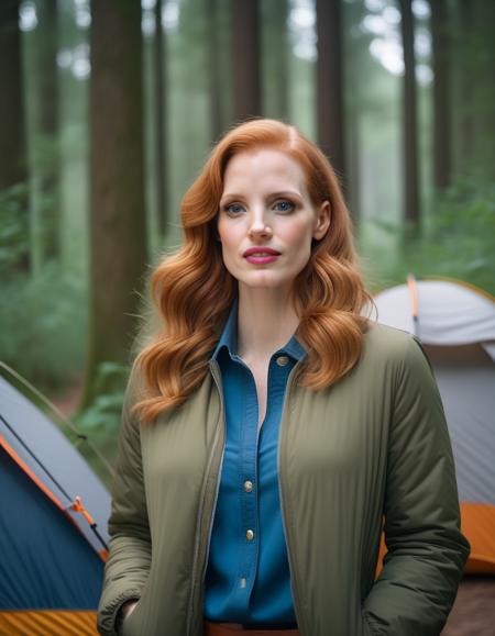 <lora:JessicaChastain:1> 1980 photo of  33 year old  JessicaChastain, in france, camping in the woods , soft lighting, tack sharp, 4k, dslr