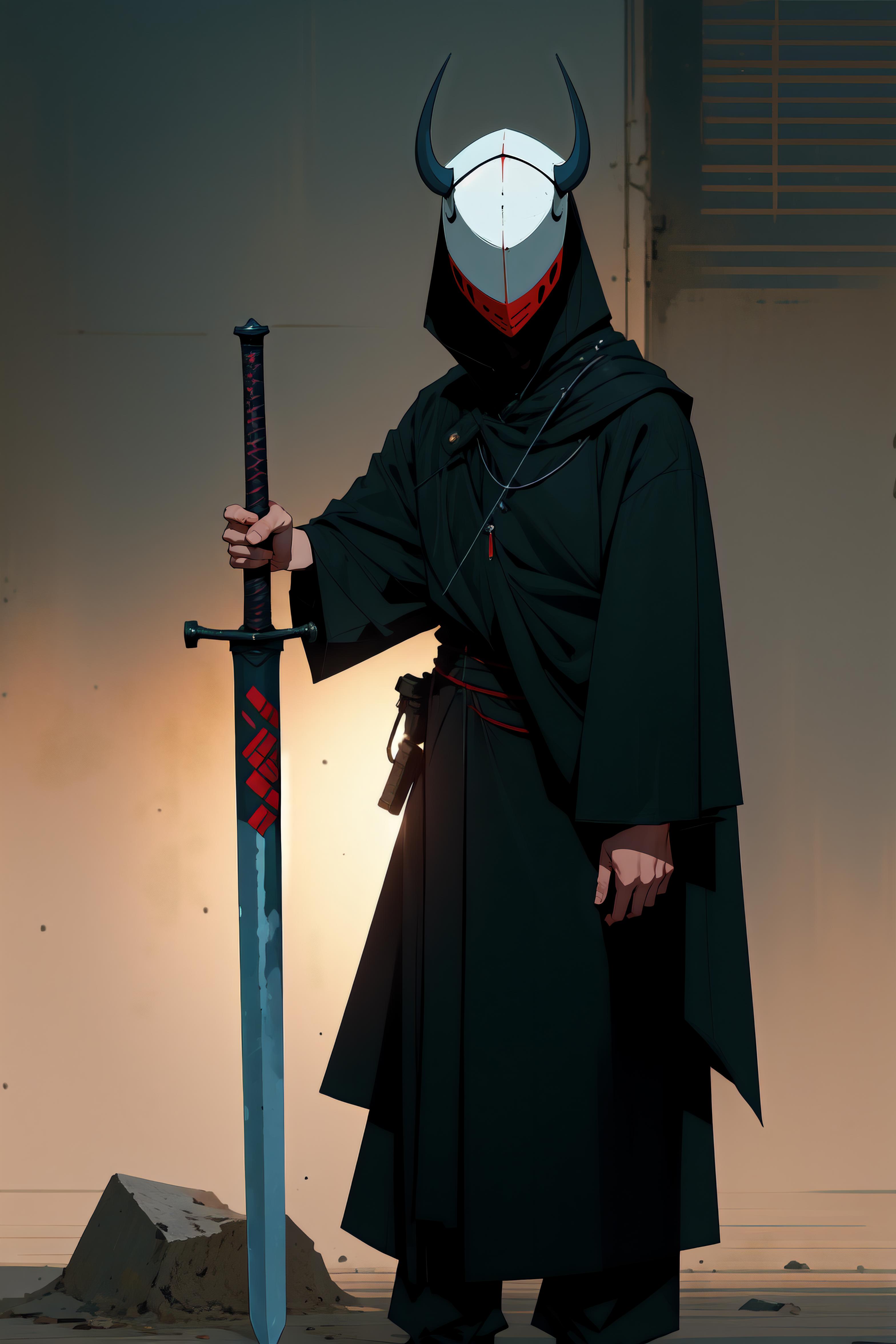 A person in a black cape and mask holding a sword.
