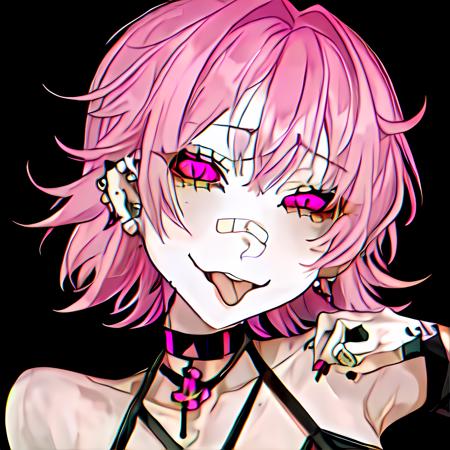 <lora:kuroumemodoki-style-09:1>,1girl, pink hair, medium hair, earrings, piercings, bandaid, tongue