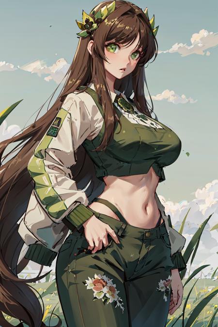 bust up, portrait,  sua, long hair, green eyes, brown hair, very long hair, large breasts, green crop top, denim pants, hair ornament,  grasslands background,<lora:SuaERLora2-02:0.8>