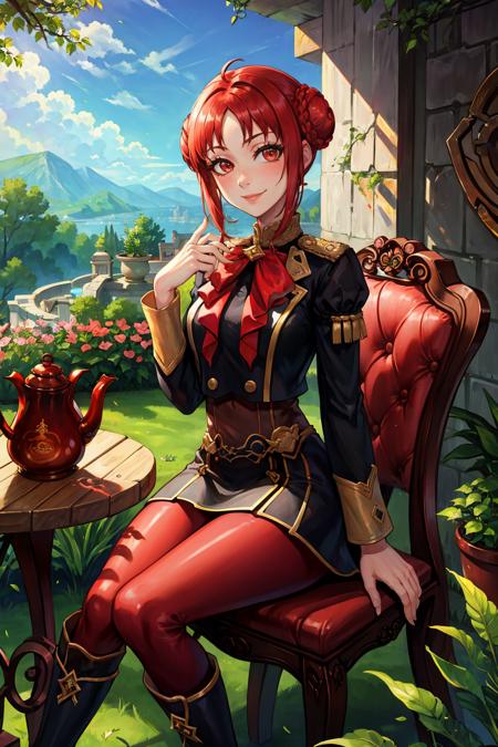 masterpiece, best quality, feMonica, hair bun, braid, black jacket, red bow, black skirt, red pantyhose, black boots, sitting, table, chair, teapot, garden, looking at viewer, smile, closed mouth <lora:monica-nvwls-v2-000010:0.9>