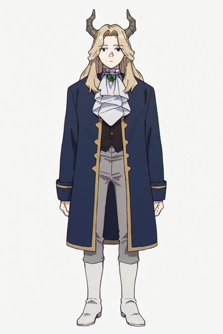 Lugner, blonde hair, long hair, horns, blue eyes, empty eyes Blue coat, brooch, white ascot, black shirt, grey pants, boots, white footwear Anime coloring, official style