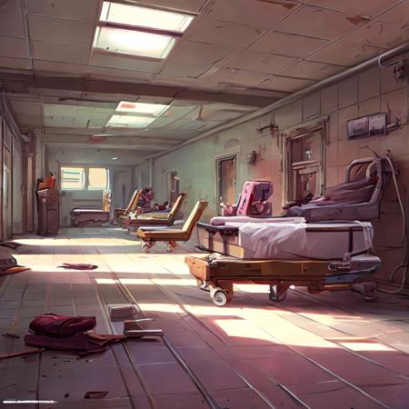 inside a vacant abandoned hospital with hospital beds and  with medical equipment, a medical laboratory with advanced medical equipment in a clinic (PaintStyle5:0.8)